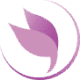 Logo stylisé abstrait d'une feuille ou pétale violet-rose sur fond noir, inscrit dans un cercle incomplet suggérant le mouvement ou la croissance.