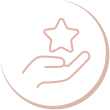 Icône Main et Étoile : Qualité et Service Client Main tendue tenant une étoile de qualité, icône stylisée en contour rose pâle dans un cercle, symbolisant service client ou récompense.